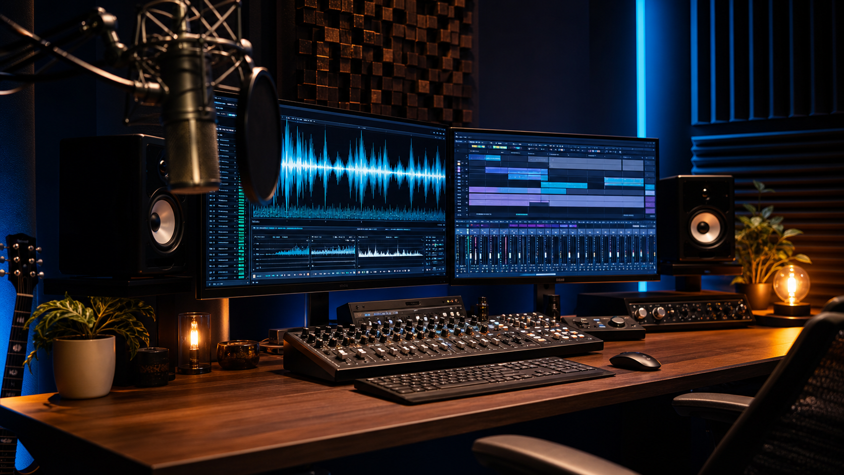 Studio de production audio avec deux écrans, microphone et console de mixage